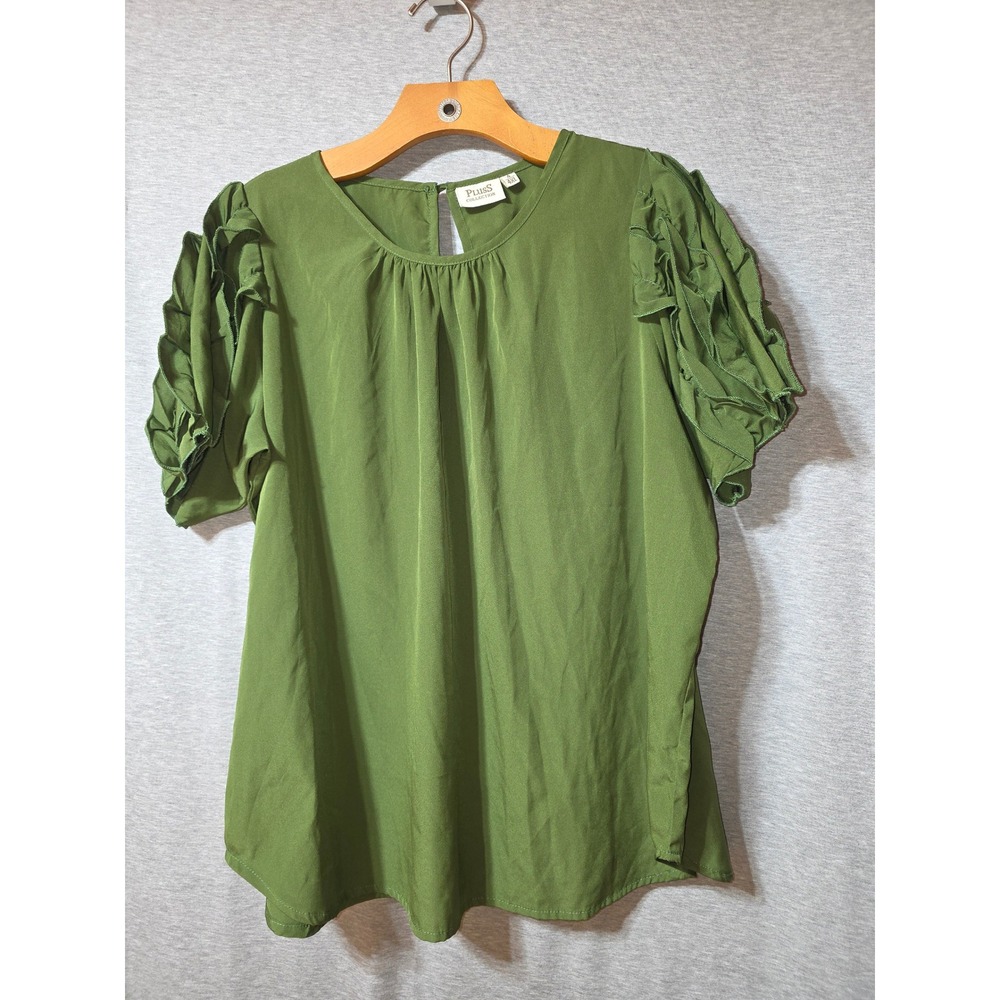PlusS Collection Olive Green Ruffle Short Sleeve Blouse Keyhole Back 4XL